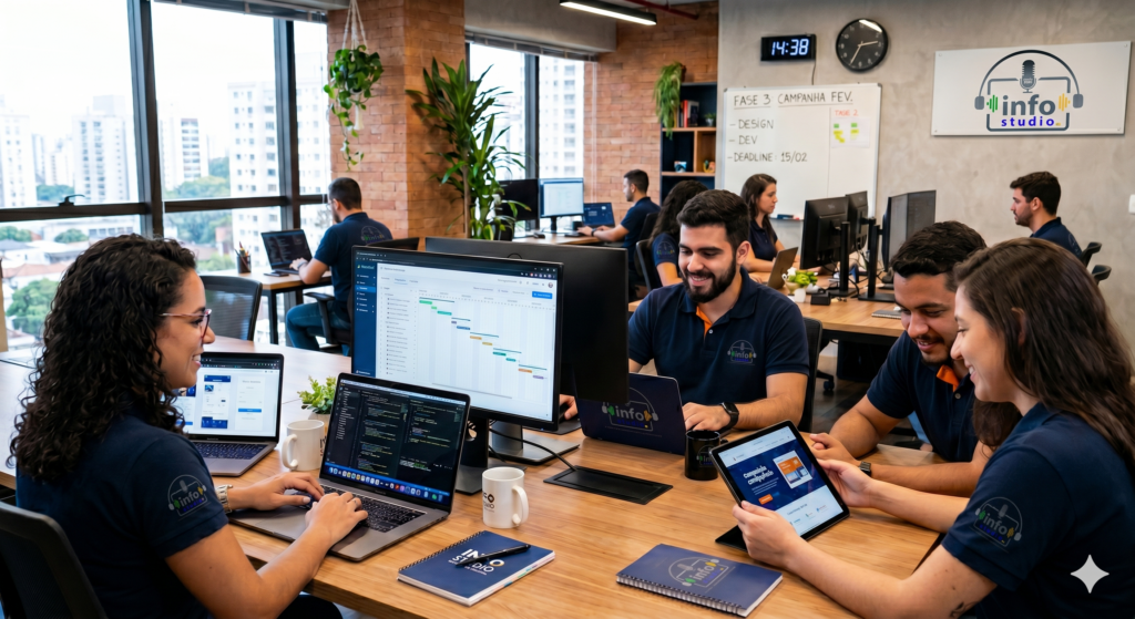 Equipe INFO STUDIO trabalhando em projetos de áudio com agilidade e comprometimento