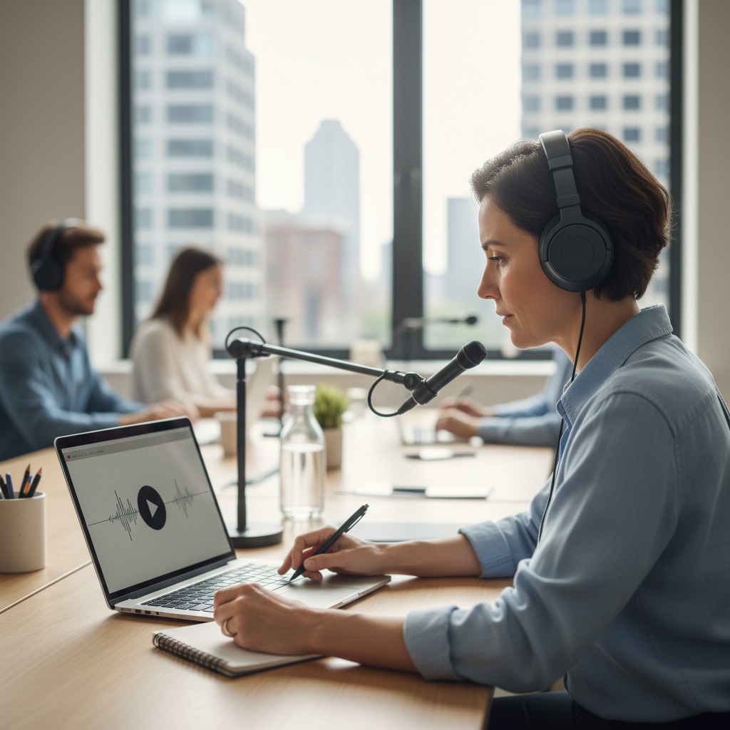 Profissional produzindo locução para treinamento corporativo com microfone e headphone em ambiente de trabalho